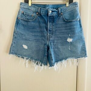 Womans Levi’s 501 Distressed Button Fly Cut Off Athens Medium Wash Denim Shorts